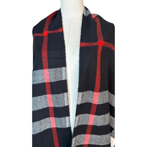 2/$30 New Cashmere Blend Plaid Black Red White Shawl Wrap With Fringe - Picture 5 of 11